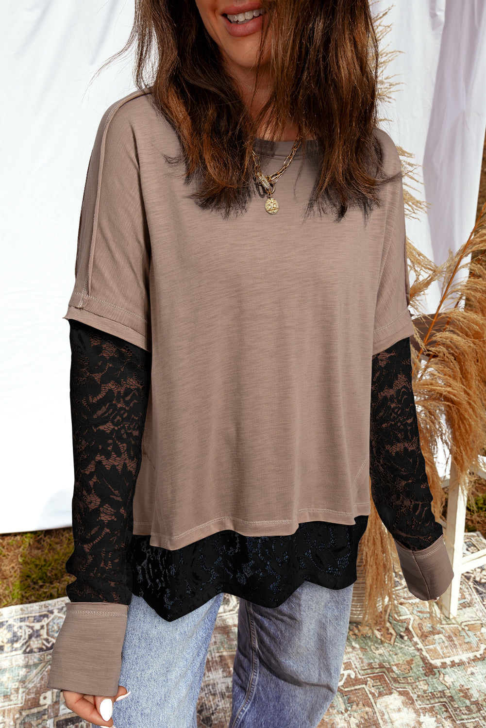 Light French Beige Sheer Lace Patchwork Casual Long Sleeve Tee-Tops/Long Sleeve Tops-[Adult]-[Female]-Light French Beige-S-2022 Online Blue Zone Planet
