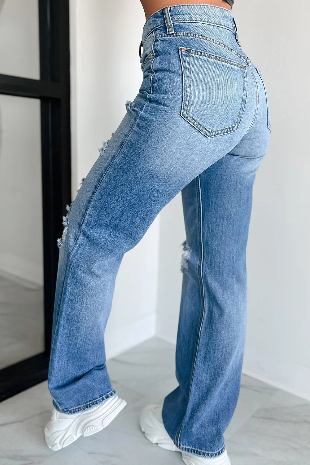 Myosotis Mid Rise Distressed Sneak Peek Straight Leg Jeans-Bottoms/Jeans-[Adult]-[Female]-2022 Online Blue Zone Planet