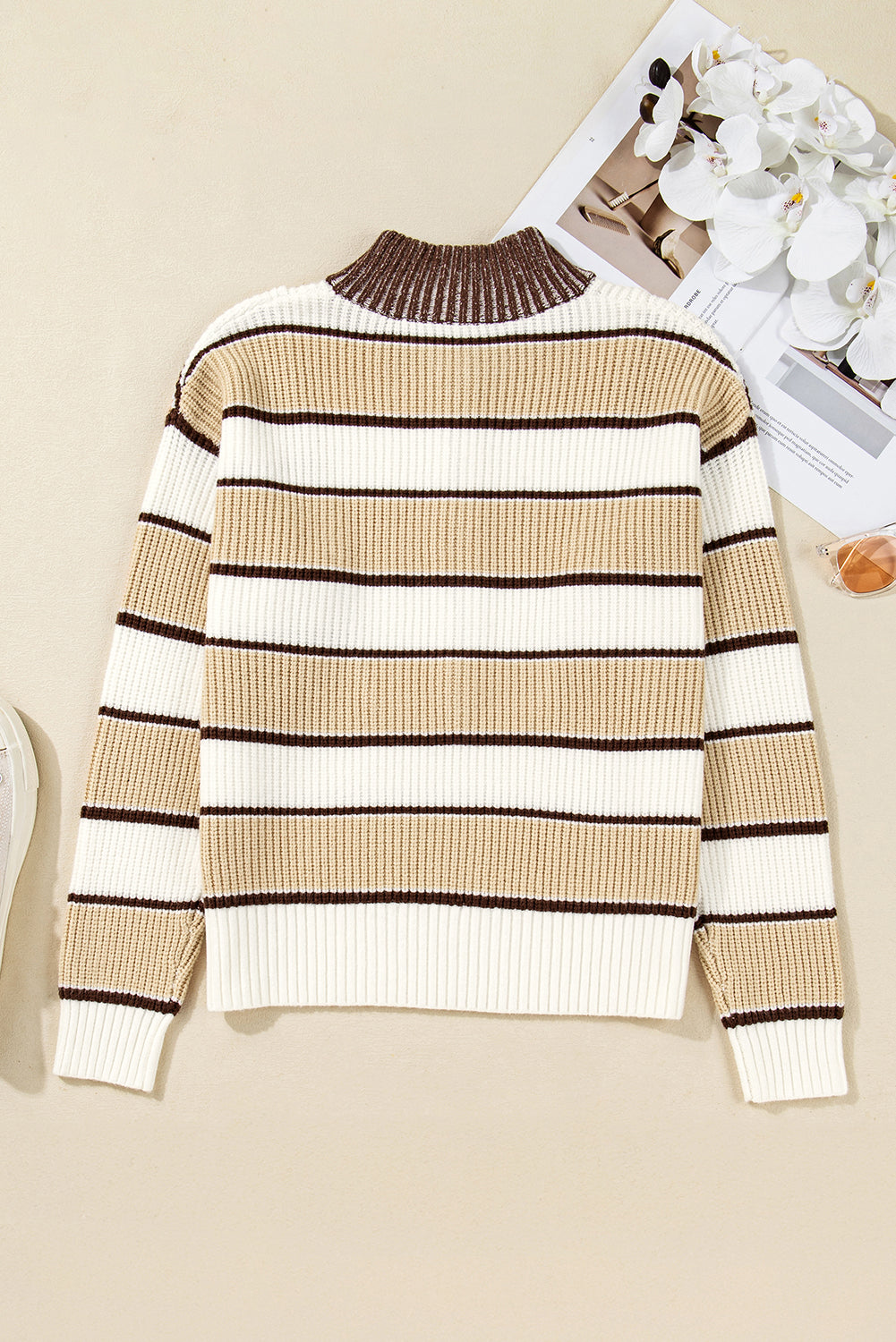 Khaki Stripe Half Zip Drop Shoulder Womens Sweater-TOPS / DRESSES-[Adult]-[Female]-2022 Online Blue Zone Planet