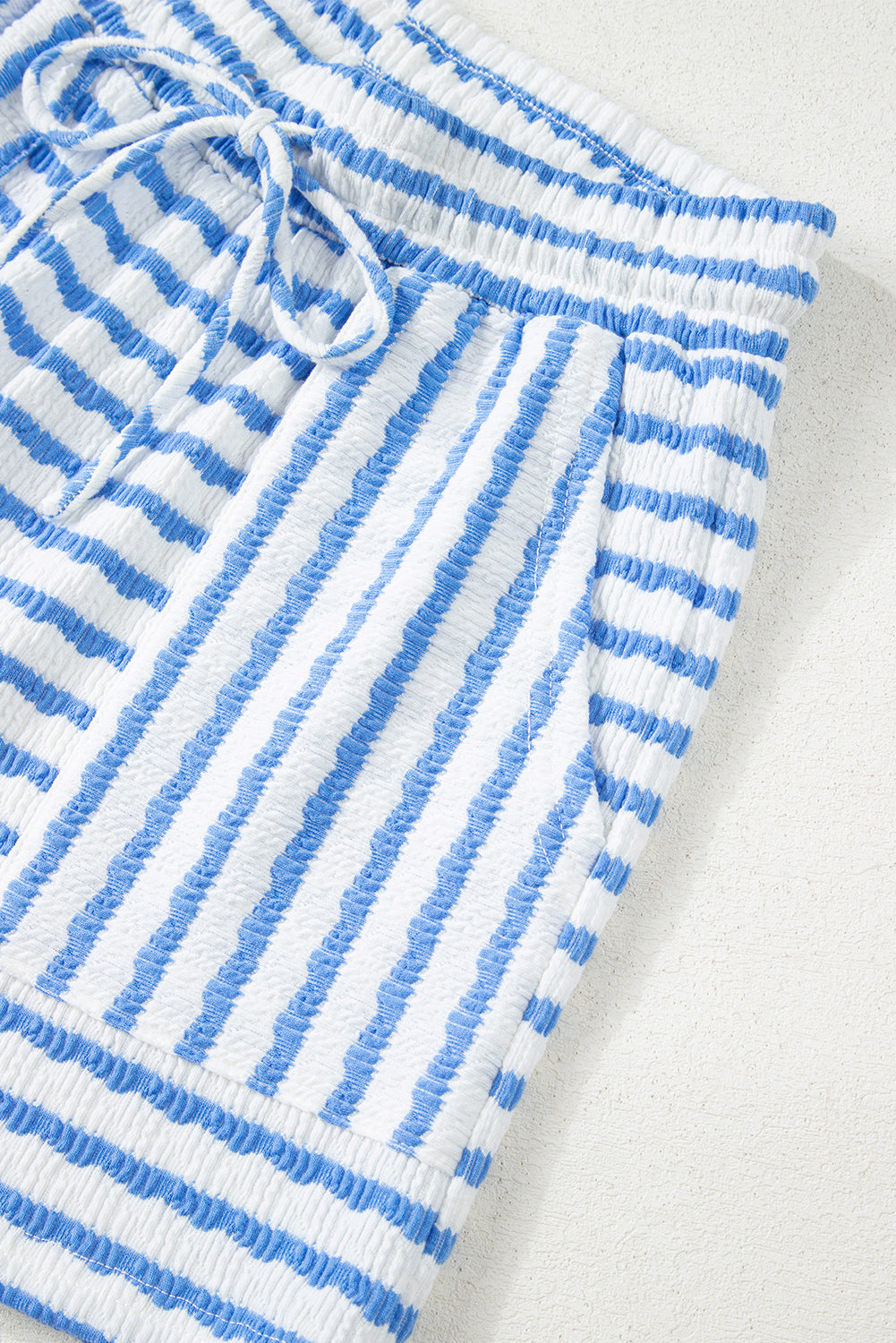 Sky Blue Stripe Knitted Short Sleeve Top and Drawstring Shorts Set-Two Piece Sets/Short Sets-[Adult]-[Female]-2022 Online Blue Zone Planet