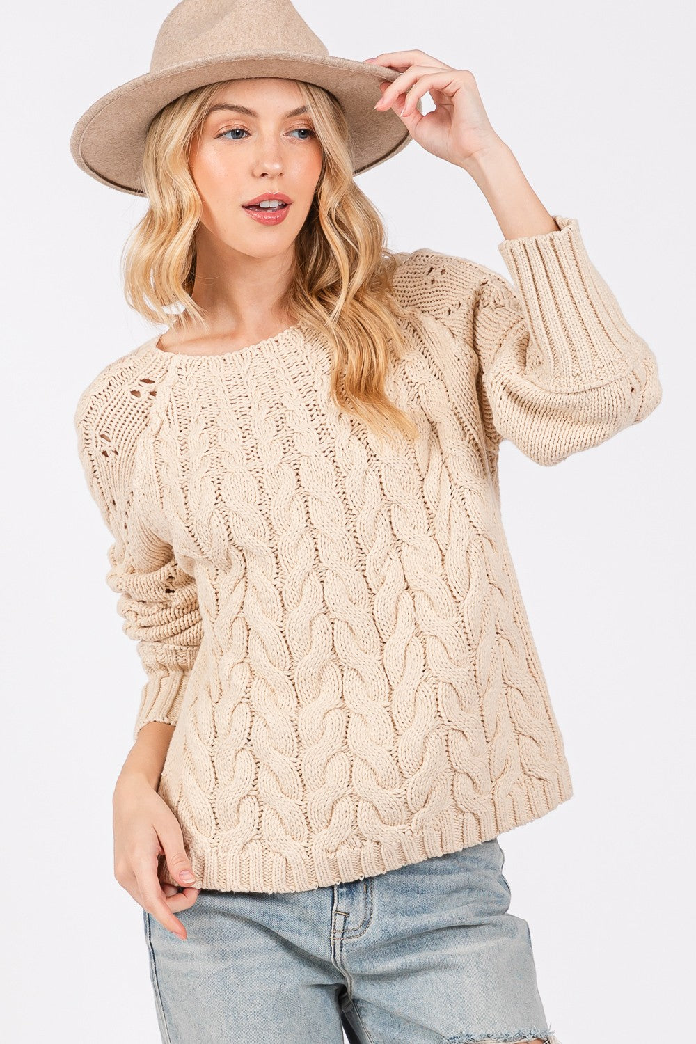 SAGE + FIG Cable-Knit Long Sleeve Sweater-TOPS / DRESSES-[Adult]-[Female]-Natural-S-2022 Online Blue Zone Planet