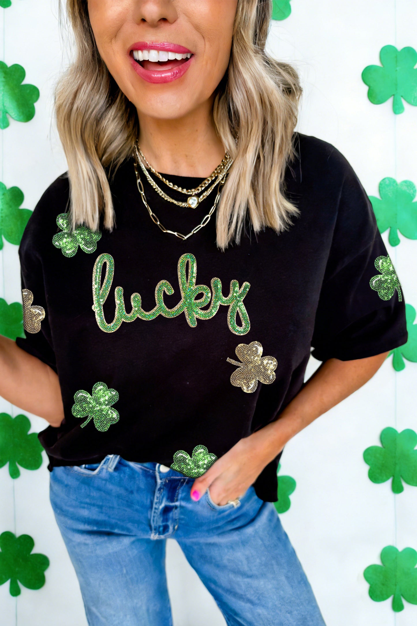 Black Lucky Sequin Shamrock Irish Festive Graphic Tee-Graphic Tees-[Adult]-[Female]-2022 Online Blue Zone Planet
