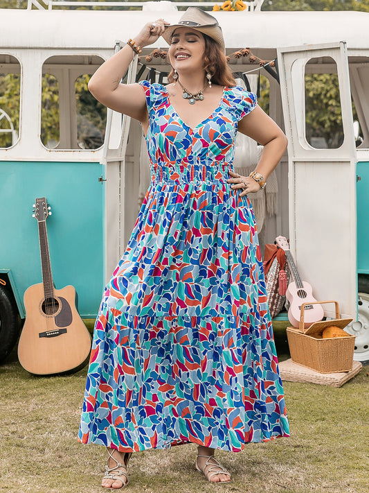 Plus Size Printed Cap Sleeve Dress-[Adult]-[Female]-Multicolor-0XL-2022 Online Blue Zone Planet