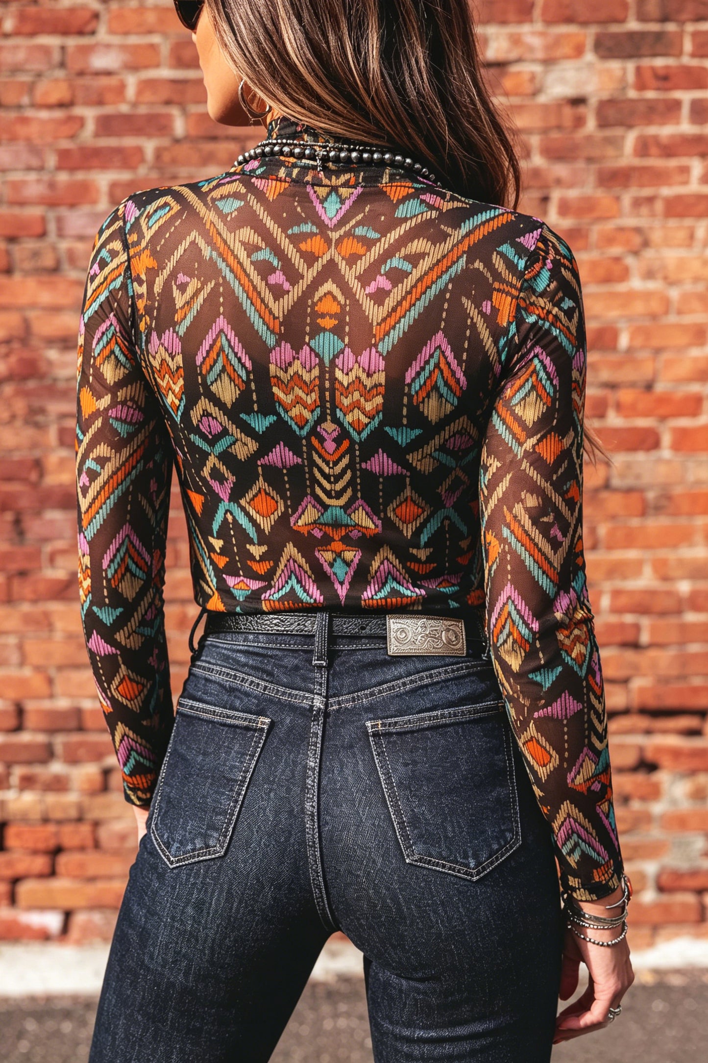 Color Black Abstract Print Long Sleeve Stand Neck Mesh Top-Tops/Long Sleeve Tops-[Adult]-[Female]-2022 Online Blue Zone Planet