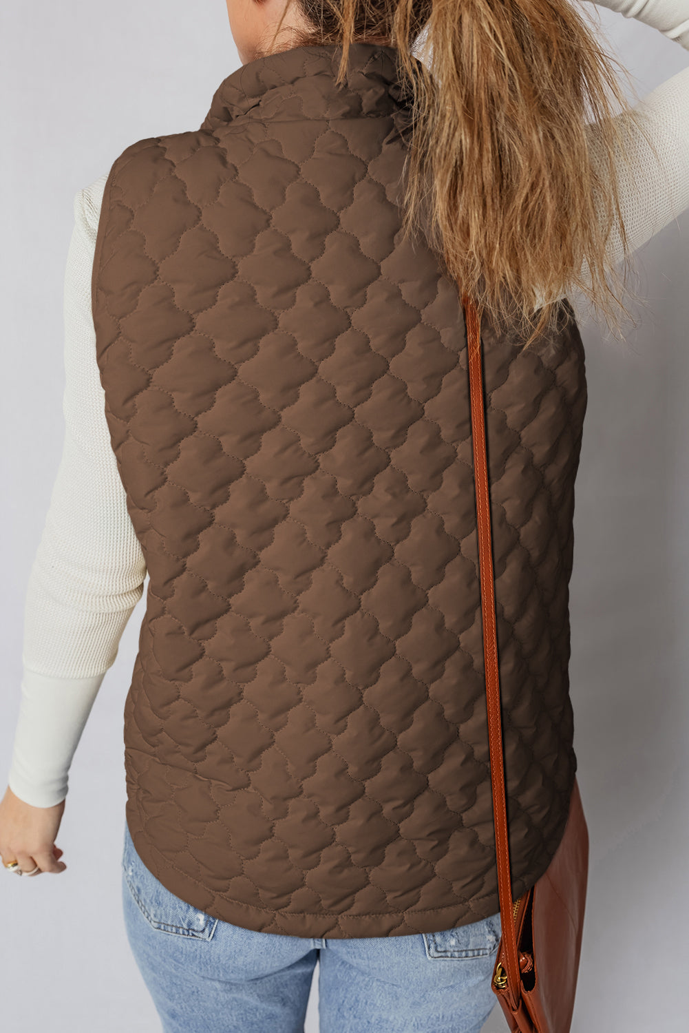 Dark Brown Flower Shape Quilted Snap Button Zip Up Winter Vest-Outerwear/Vests-[Adult]-[Female]-2022 Online Blue Zone Planet