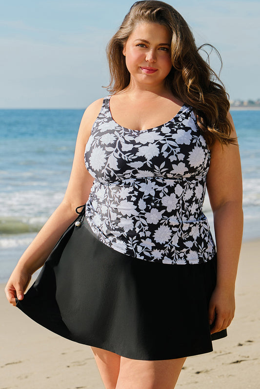 Black Plus Size Printed Square Neck Drawstring Ruffled Tankini Set-Plus Size/Plus Size Swimwear-[Adult]-[Female]-Black-1X-2022 Online Blue Zone Planet
