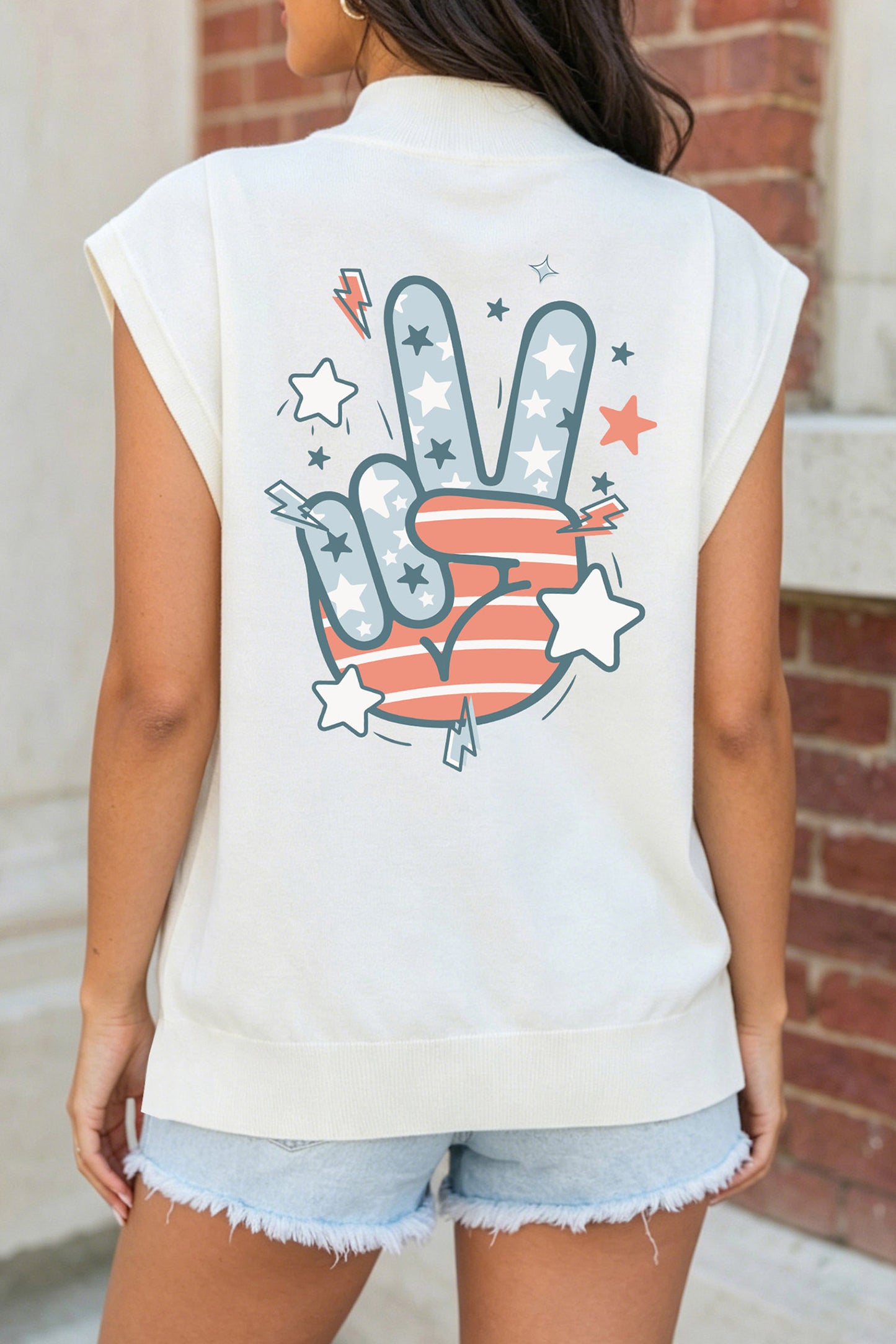 White USA/ Patriotic Victory Double Side Printed Mock Neck Tee-Graphic/Graphic Tees-[Adult]-[Female]-2022 Online Blue Zone Planet