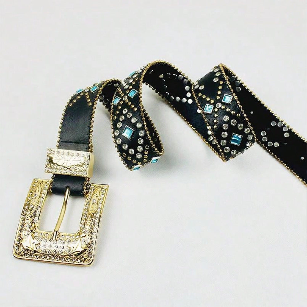 Rhinestone PU Leather Belt-BELTS-[Adult]-[Female]-Black-S-2022 Online Blue Zone Planet