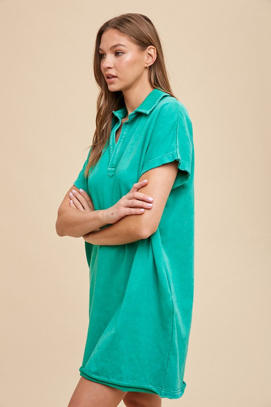 Annie Wear Mineral Washed Johnny Collar Short Sleeve Dress-TOPS / DRESSES-[Adult]-[Female]-2022 Online Blue Zone Planet