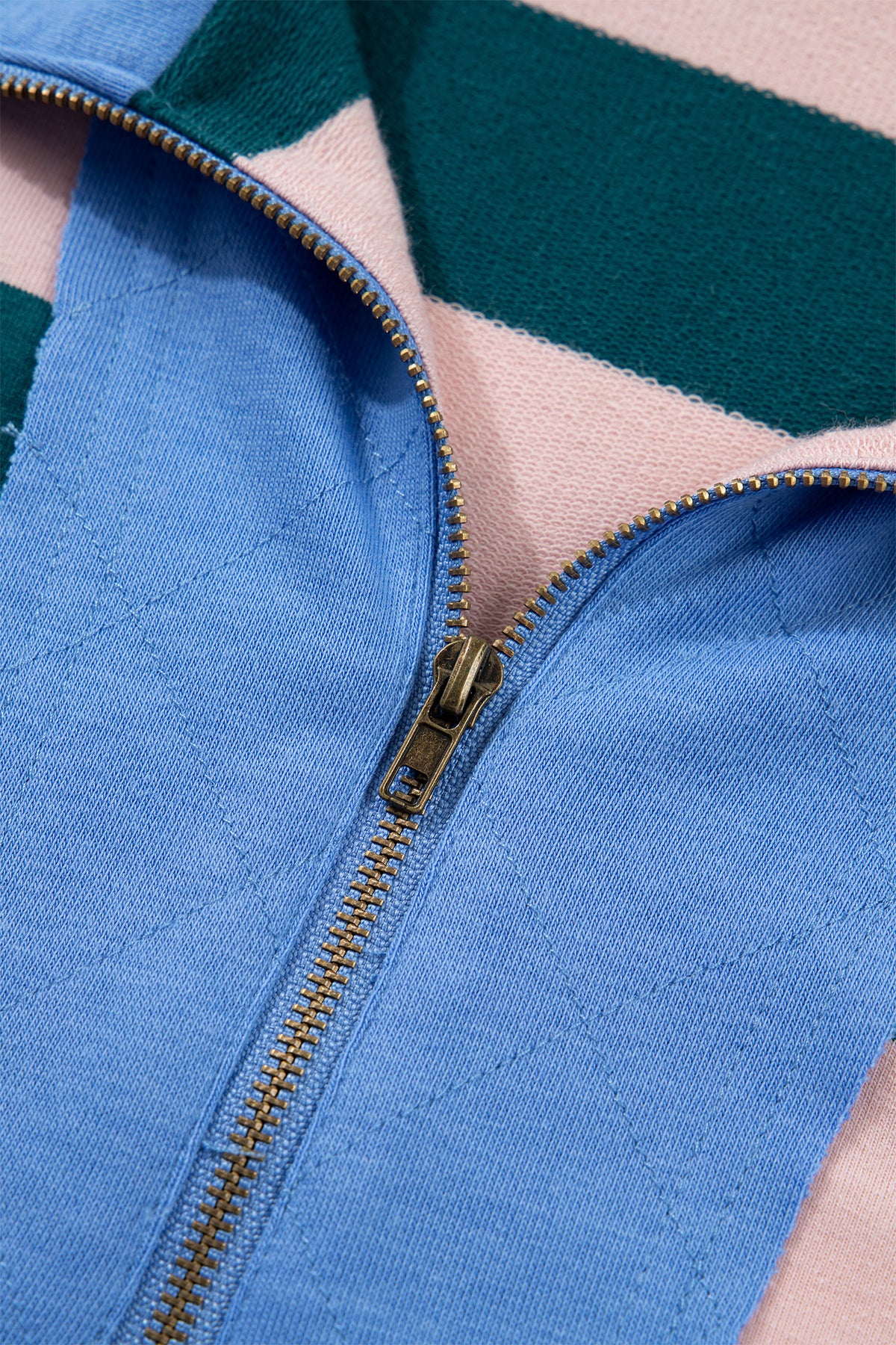Green Stripe Quarter-Zip Metal Zipper Cover Stitch Hem Top-Tops/Long Sleeve Tops-[Adult]-[Female]-2022 Online Blue Zone Planet