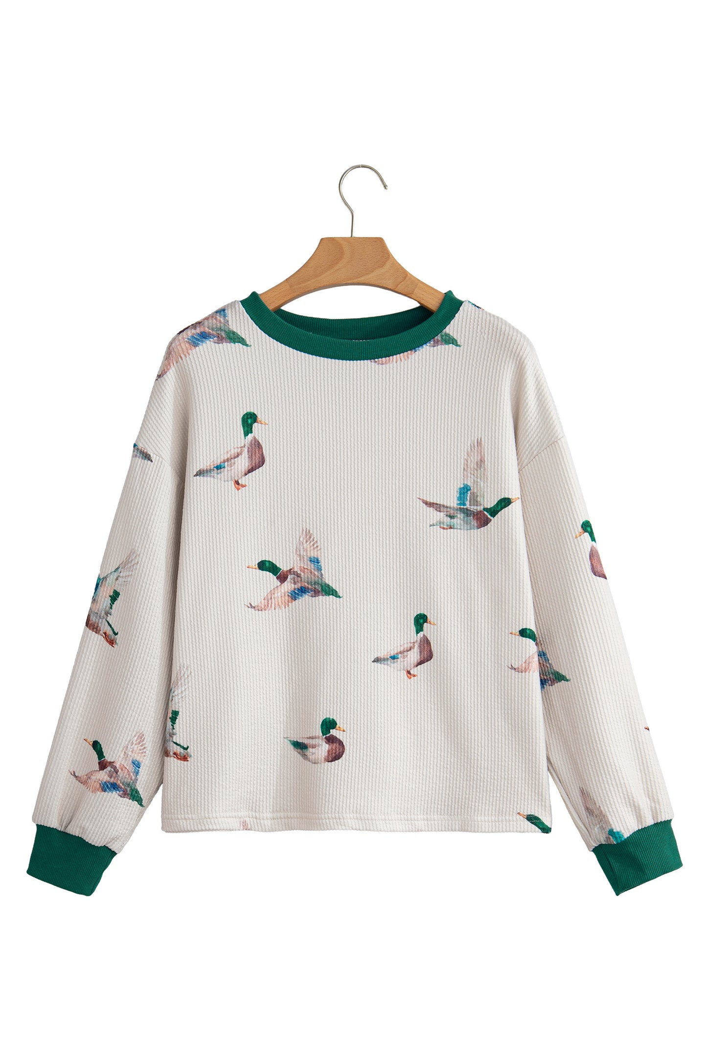 Beige Twisted Ribbed Duck Print Crewneck Casual Pullover Top-Tops/Long Sleeve Tops-[Adult]-[Female]-2022 Online Blue Zone Planet