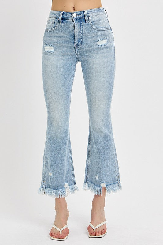 RISEN Full Size Raw Hem Distressed Cropped Flare Jeans Plus Size-BOTTOMS SIZES SMALL MEDIUM LARGE-[Adult]-[Female]-2022 Online Blue Zone Planet