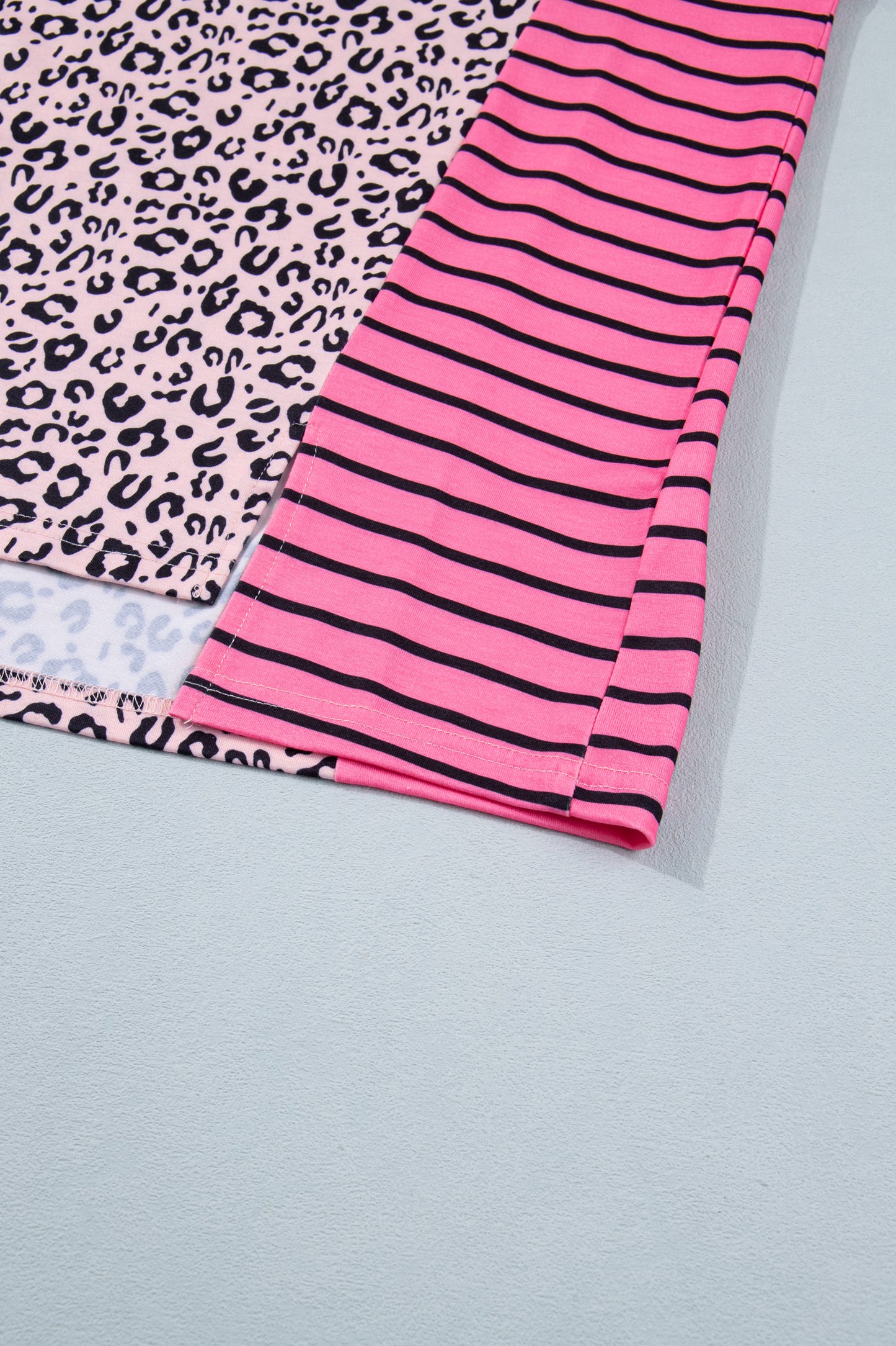 Pink Leopard Striped Contrast Patchwork Plus Size Tee-Plus Size/Plus Size Tops/Plus Size Tops & Tees-[Adult]-[Female]-2022 Online Blue Zone Planet