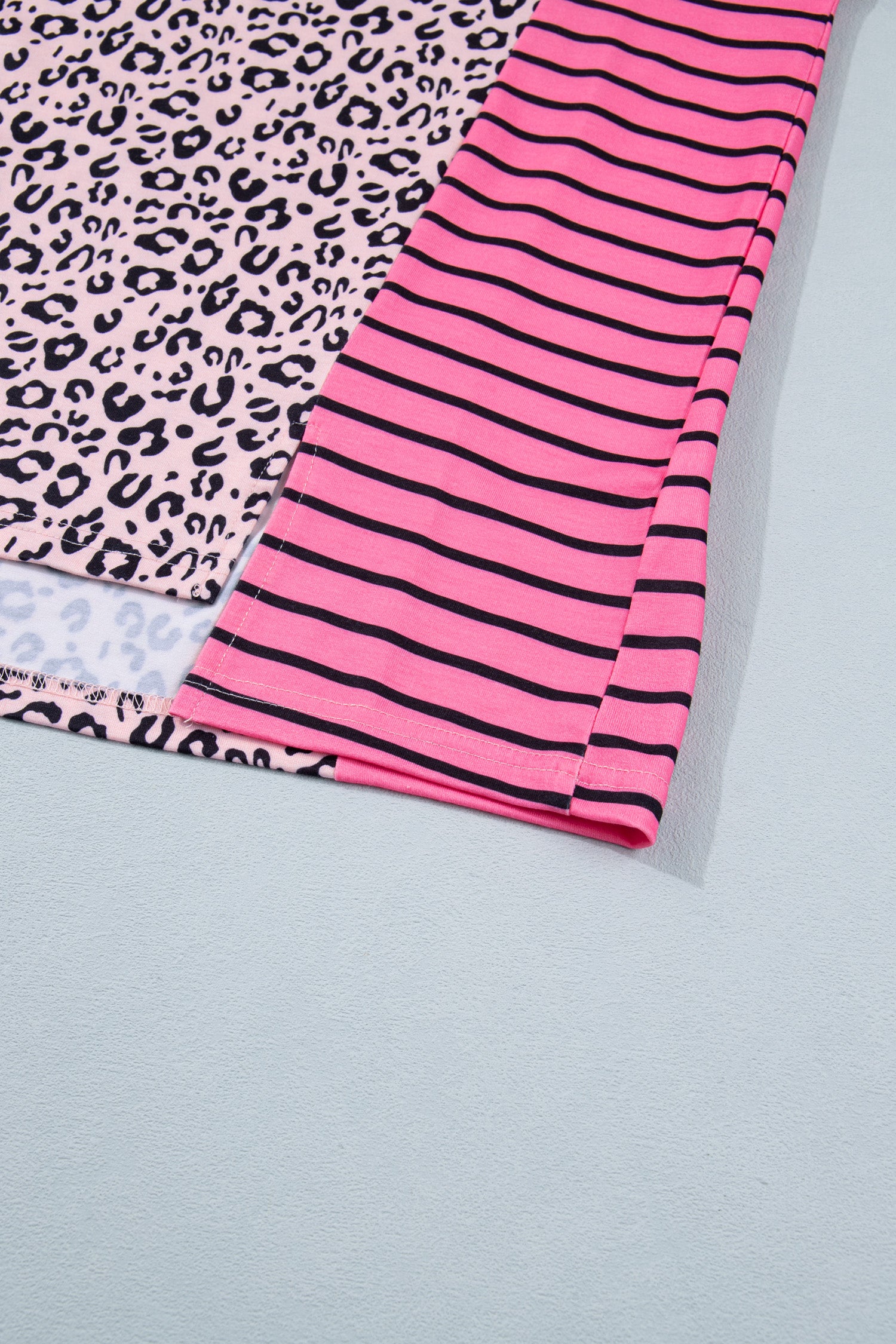 Pink Leopard Striped Contrast Patchwork Plus Size Tee-Plus Size/Plus Size Tops/Plus Size Tops & Tees-[Adult]-[Female]-2022 Online Blue Zone Planet