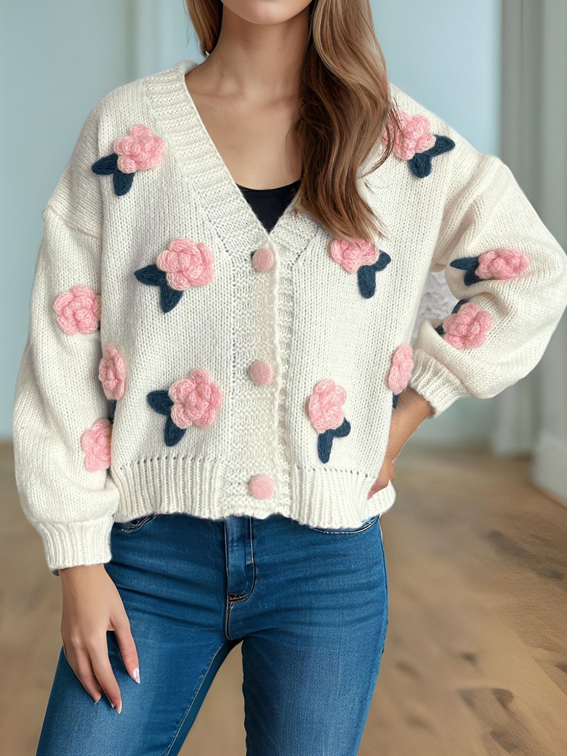 Flower Button Down V-Neck Long Sleeve Cardigan-NEW ARRIVALS-[Adult]-[Female]-Blush Pink-One Size-2022 Online Blue Zone Planet