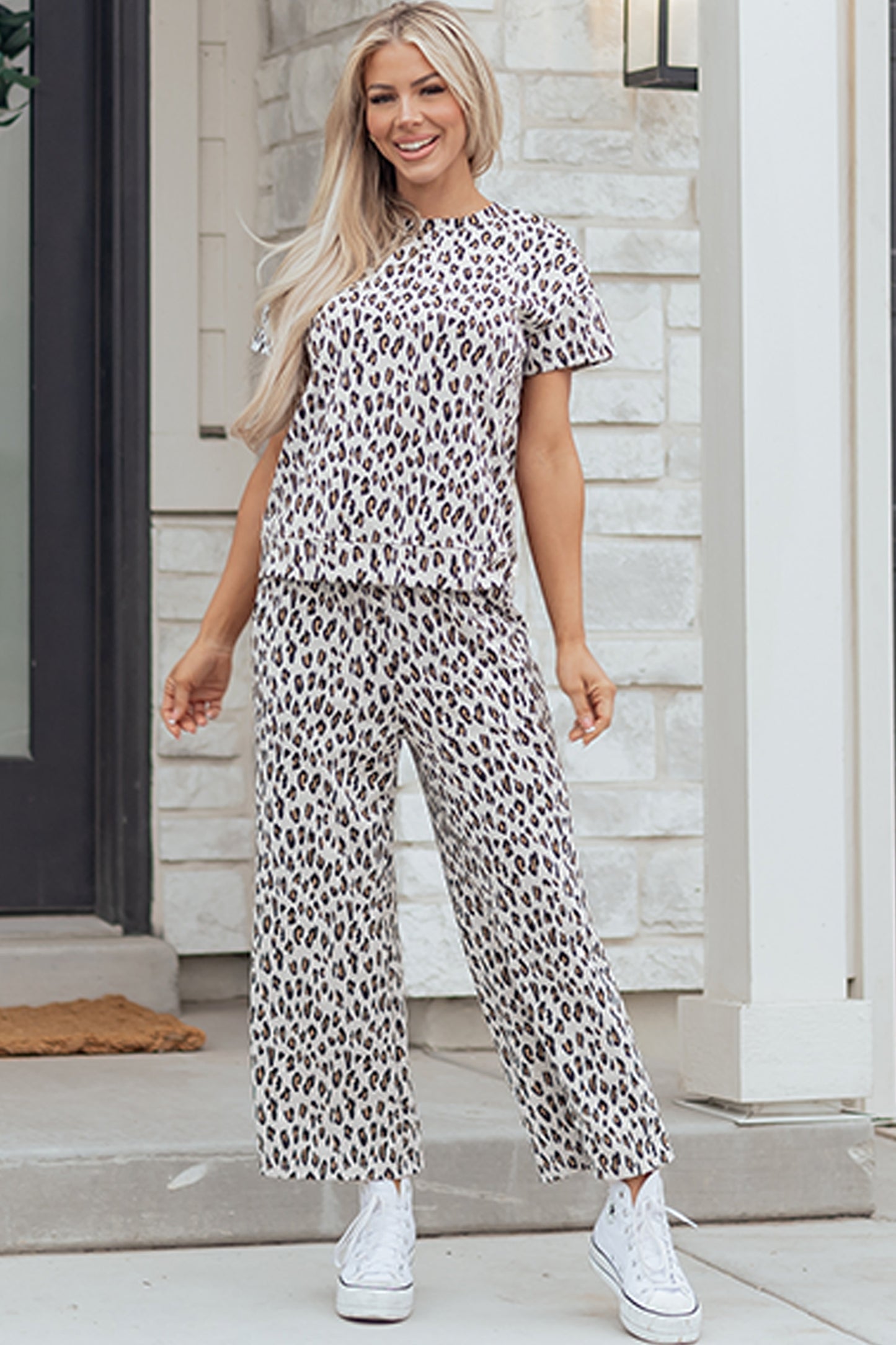 Beige Leopard Print Casual Tee and Pants 2pcs Outfit-Two Piece Sets/Pant Sets-[Adult]-[Female]-2022 Online Blue Zone Planet