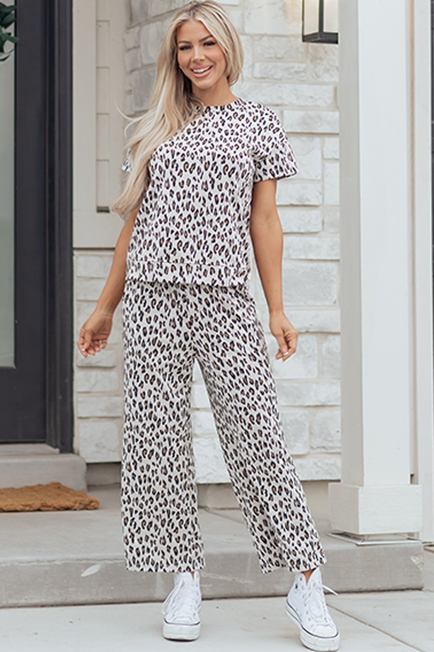 Beige Leopard Print Casual Tee and Pants 2pcs Outfit-Two Piece Sets/Pant Sets-[Adult]-[Female]-2022 Online Blue Zone Planet