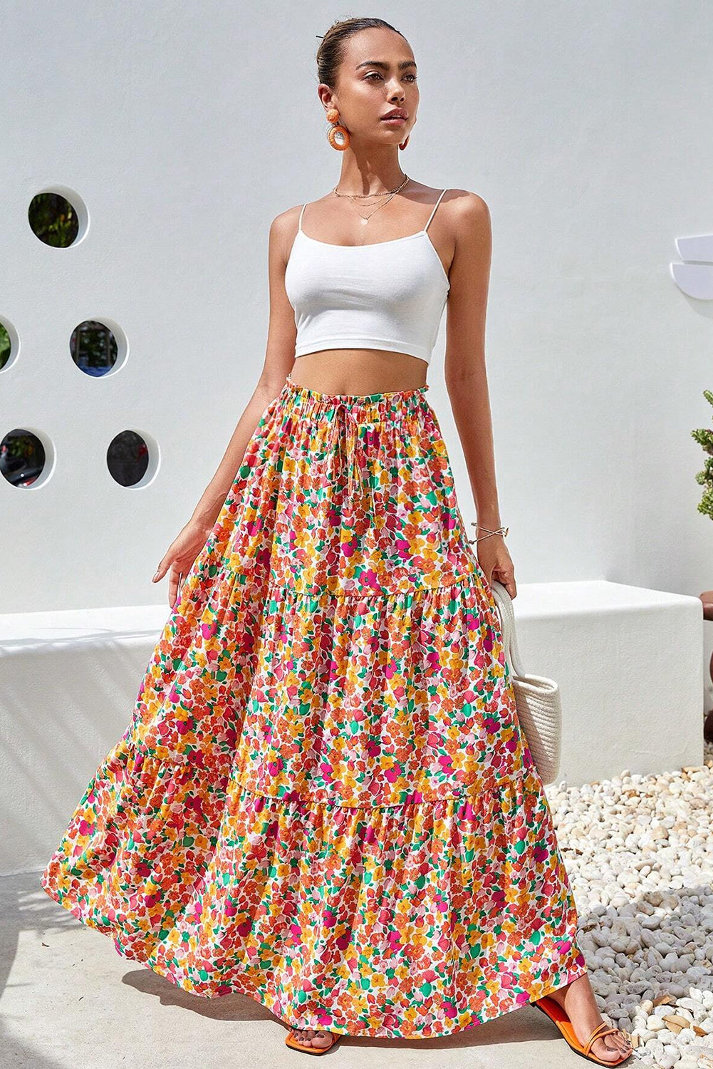 Yellow Boho Floral Print Tiered Long Skirt-Bottoms/Skirts & Petticoat-[Adult]-[Female]-2022 Online Blue Zone Planet