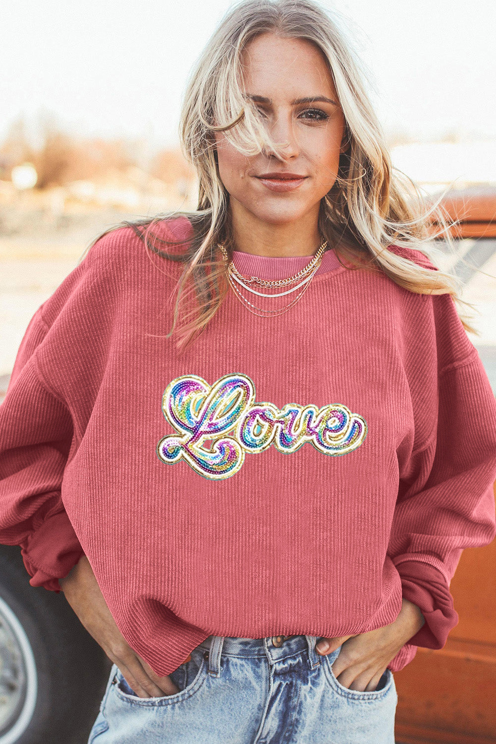 Strawberry Pink Sequin Love Graphic Corded Valentines Sweatshirt-Graphic Sweatshirts-[Adult]-[Female]-2022 Online Blue Zone Planet