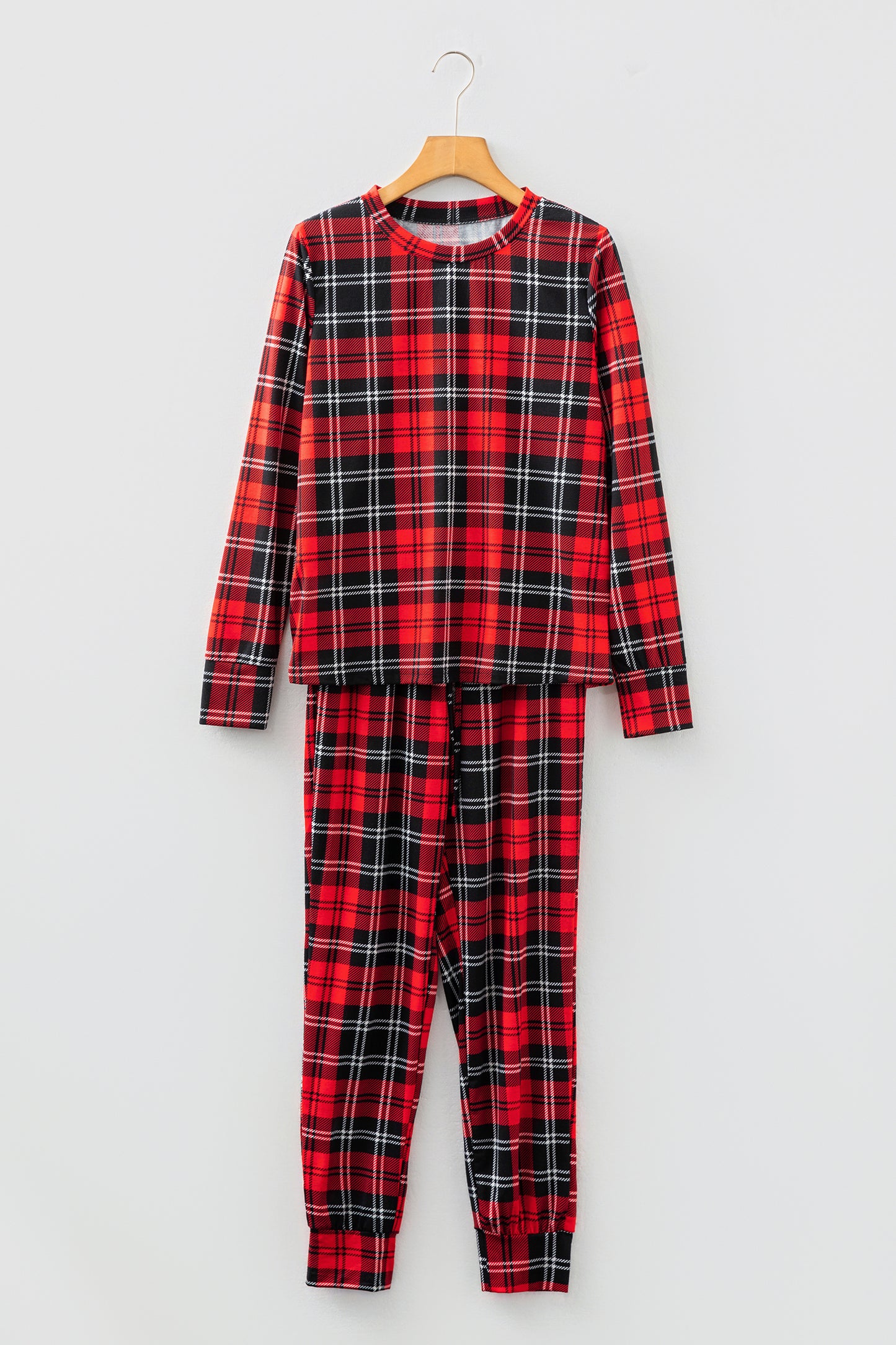 Red Festive Plaid Print Round Neck Long Sleeve and Pants 2 Piece Lounge Set-Loungewear & Sleepwear/Loungewear-[Adult]-[Female]-2022 Online Blue Zone Planet
