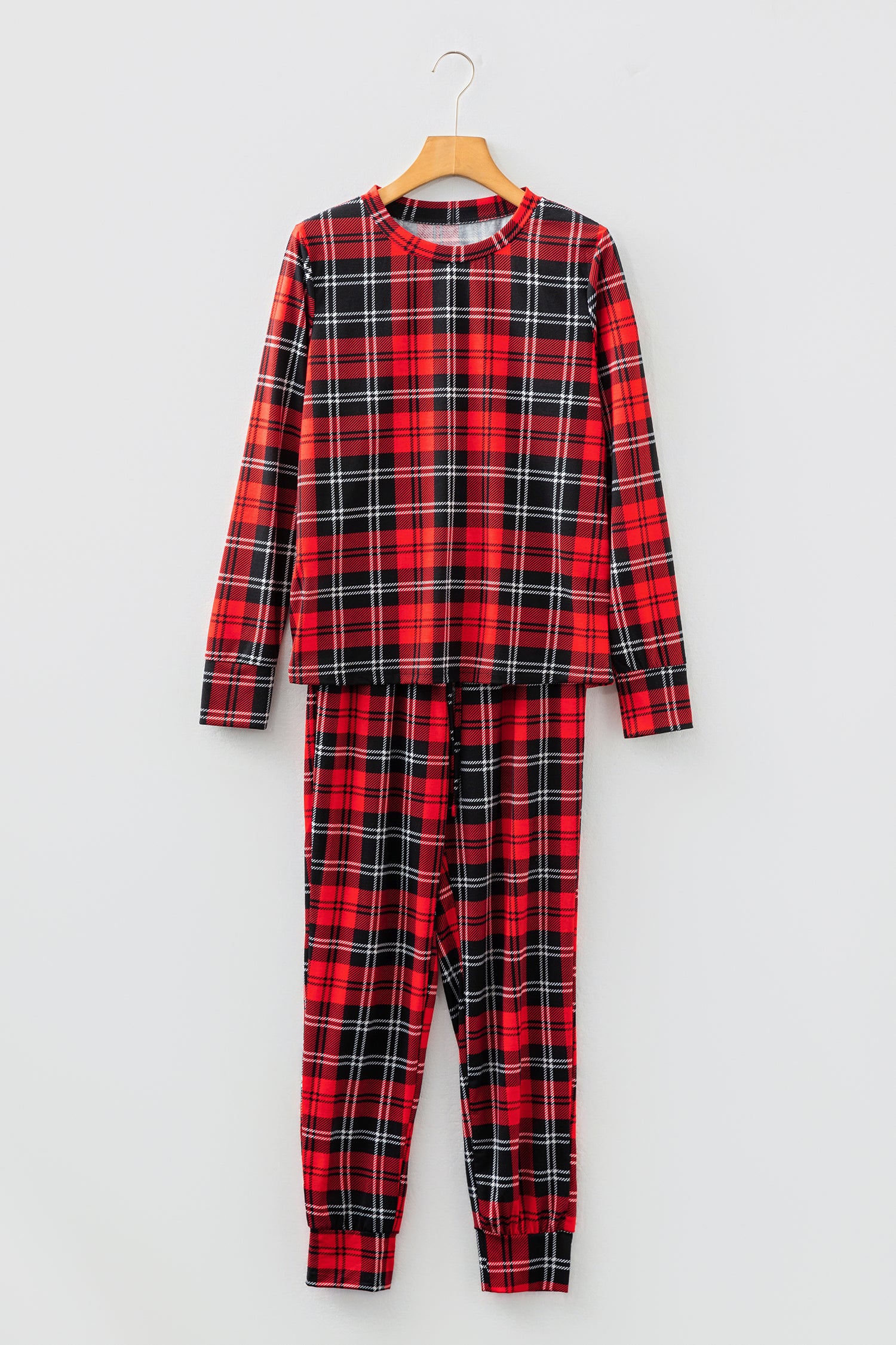 Red Festive Plaid Print Round Neck Long Sleeve and Pants 2 Piece Lounge Set-Loungewear & Sleepwear/Loungewear-[Adult]-[Female]-2022 Online Blue Zone Planet