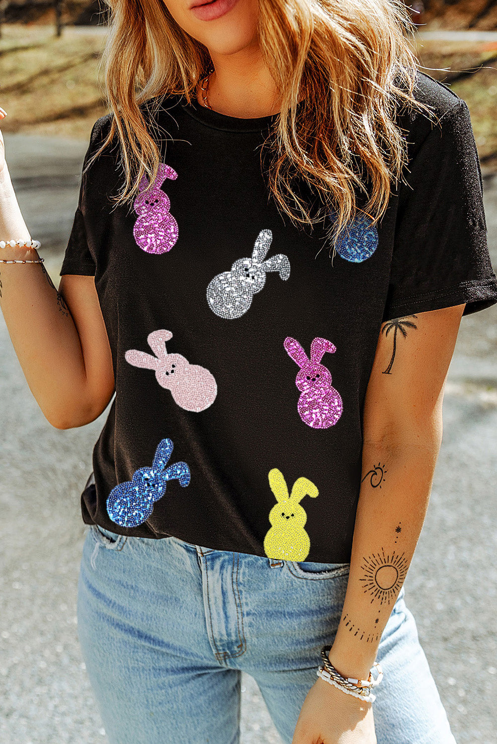 Black Sequin Bunny Doll Graphic Easter Day T Shirt-Graphic/Graphic Tees-[Adult]-[Female]-2022 Online Blue Zone Planet