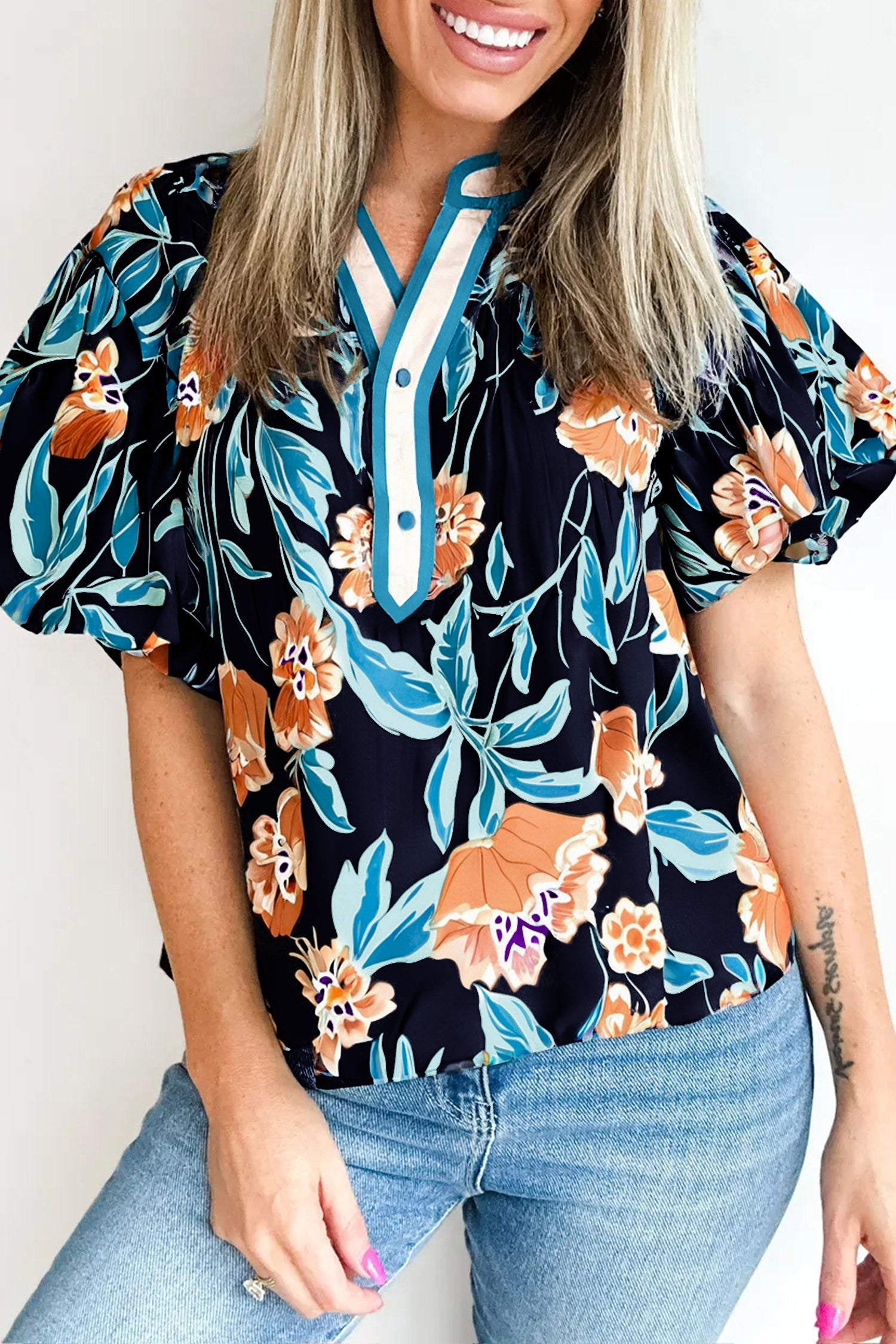 Black Floral Short Bubble Sleeve Buttoned Notched Neck Blouse-Tops/Blouses & Shirts-[Adult]-[Female]-Black-S-2022 Online Blue Zone Planet