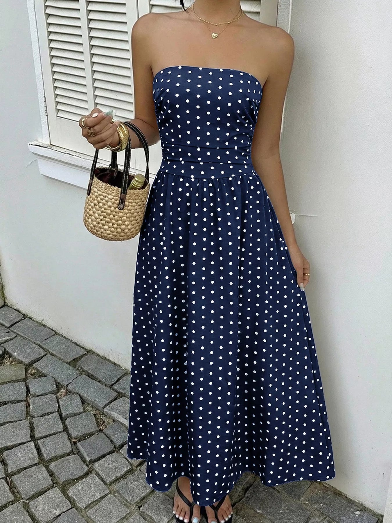 Polka Dot Tube A-Line Dress Navy / XL by Blue Zone Planet