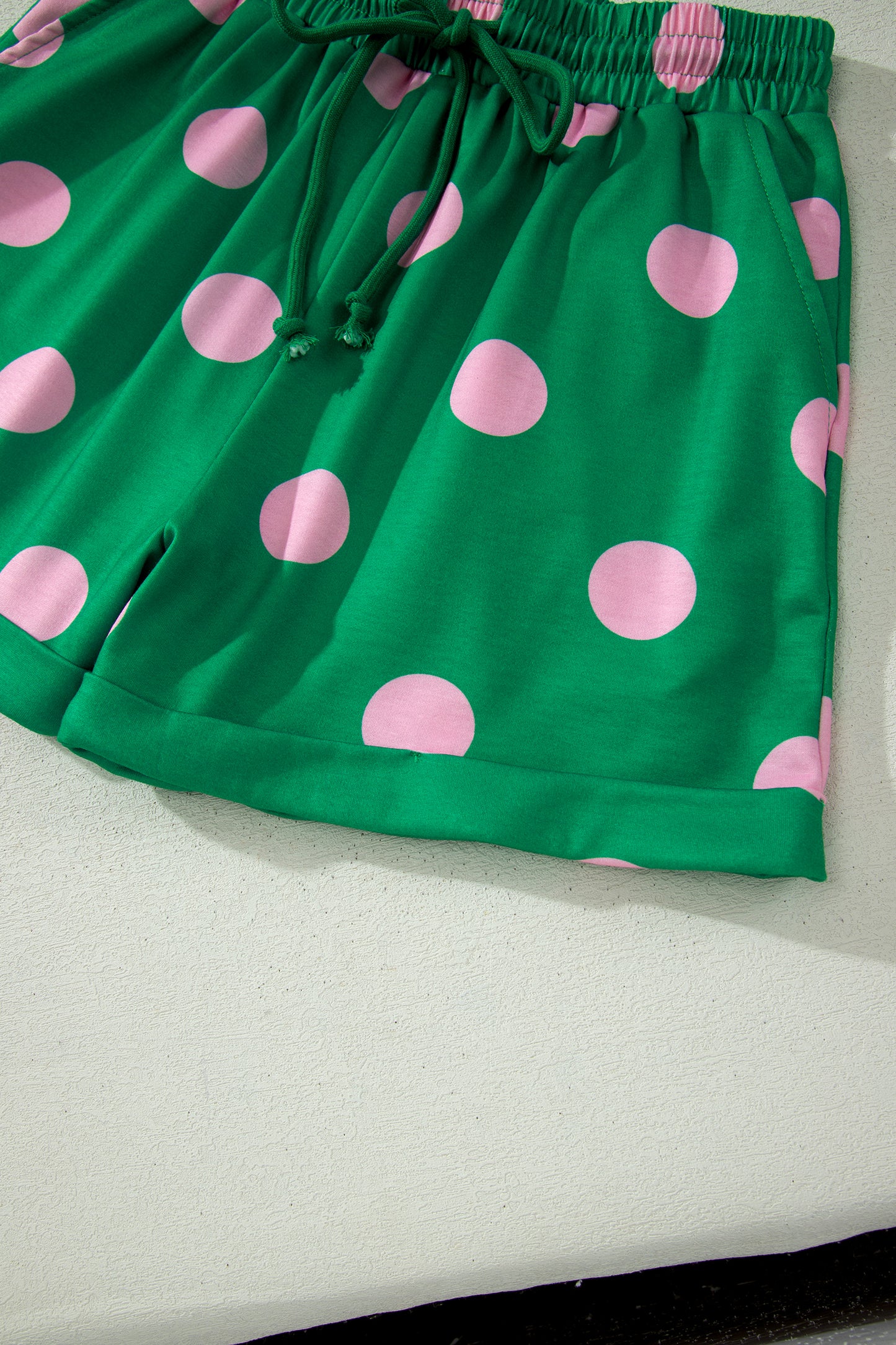 Beige Polka Dot Print V Neck Tee Short Set-Two Piece Sets/Short Sets-[Adult]-[Female]-2022 Online Blue Zone Planet