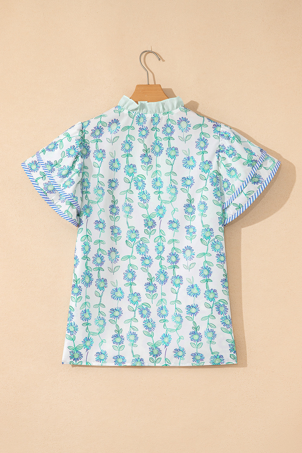 Green Floral Print Striped Detail Contrast V Neck Patchwork Flutter Sleeve Blouse-Tops/Blouses & Shirts-[Adult]-[Female]-2022 Online Blue Zone Planet