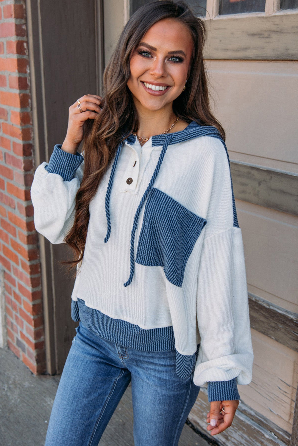 White Corded Colorblock Patch Pocket Drawstring Hooded Top-Tops/Long Sleeve Tops-[Adult]-[Female]-2022 Online Blue Zone Planet