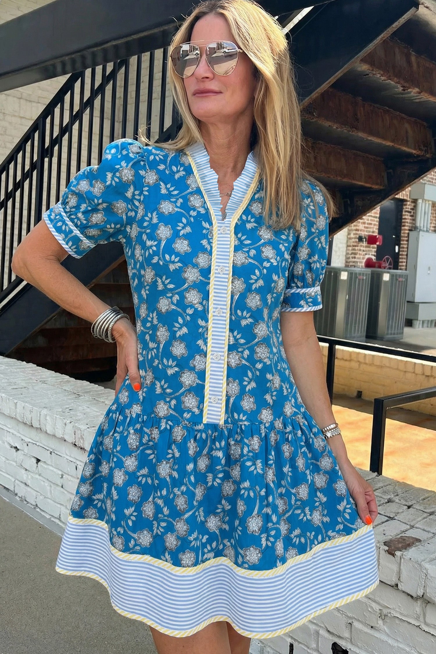 Blue Striped Trim Half Buttons Short Sleeve Floral Dress-TOPS / DRESSES-[Adult]-[Female]-2022 Online Blue Zone Planet