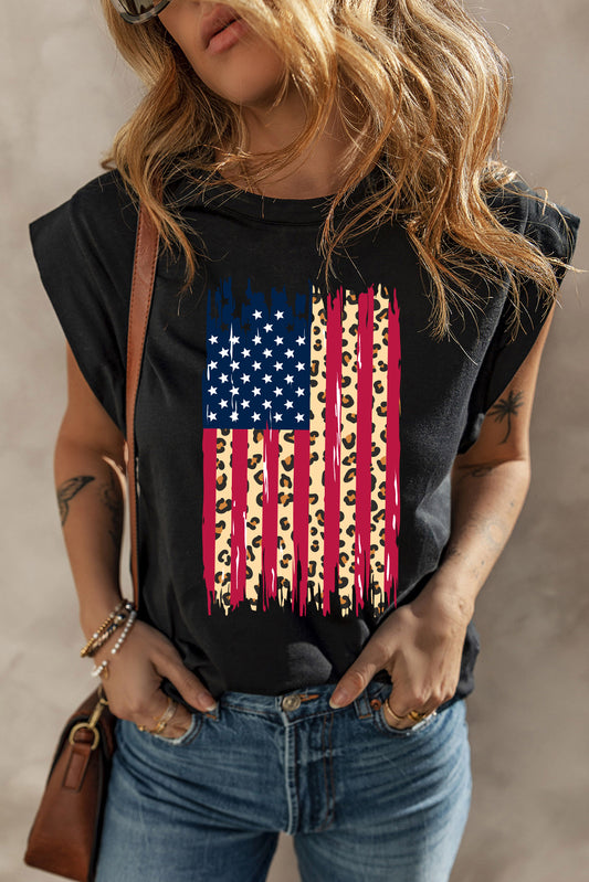 Black Leopard USA Flag Printed Sleeveless Cotton Top-Graphic Apparel-[Adult]-[Female]-Black-2XL-2022 Online Blue Zone Planet