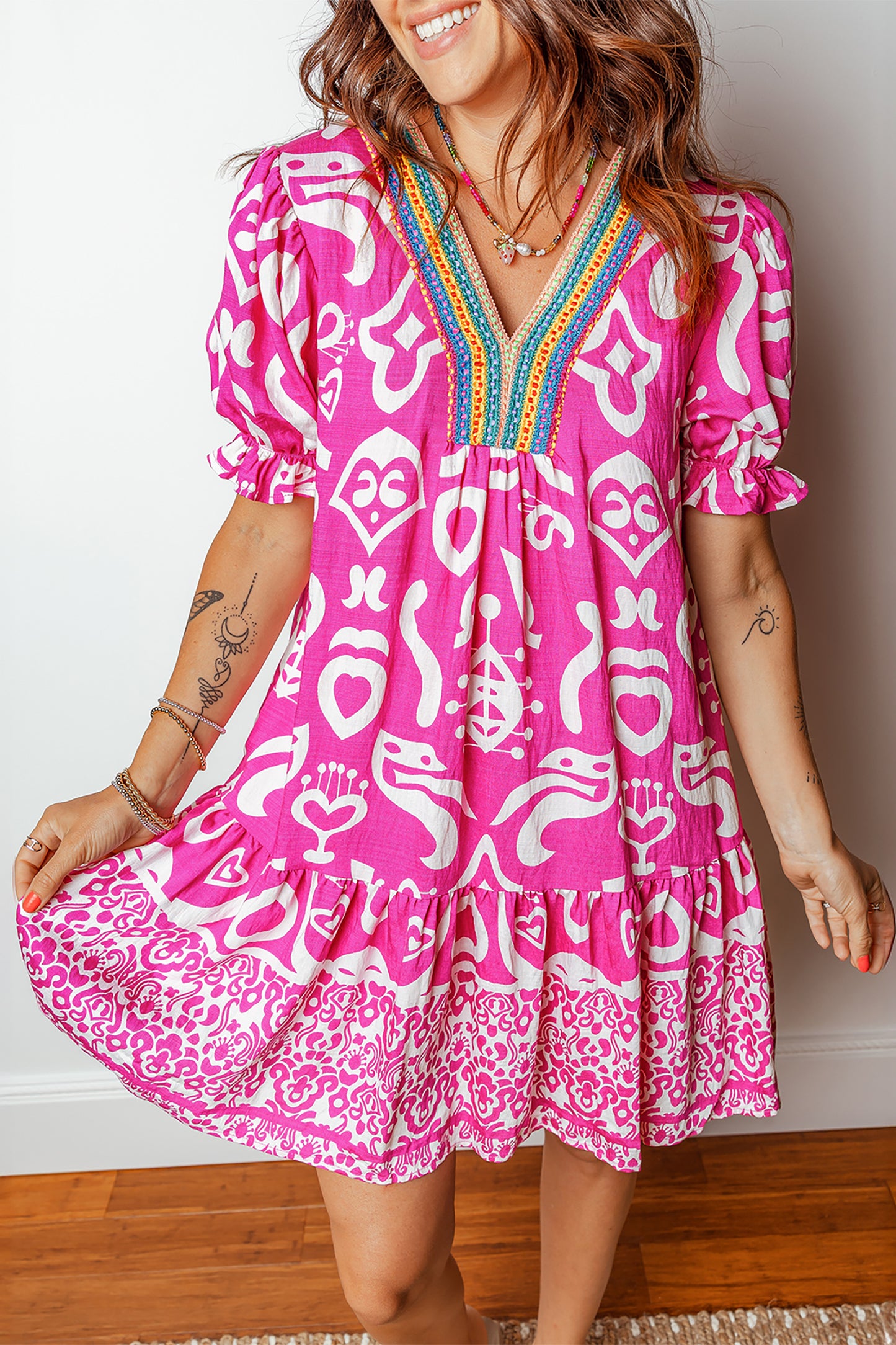 Rose Boho Mixed Print Contrast Trim V Neck Short Sleeve Flared Dress-TOPS / DRESSES-[Adult]-[Female]-2022 Online Blue Zone Planet