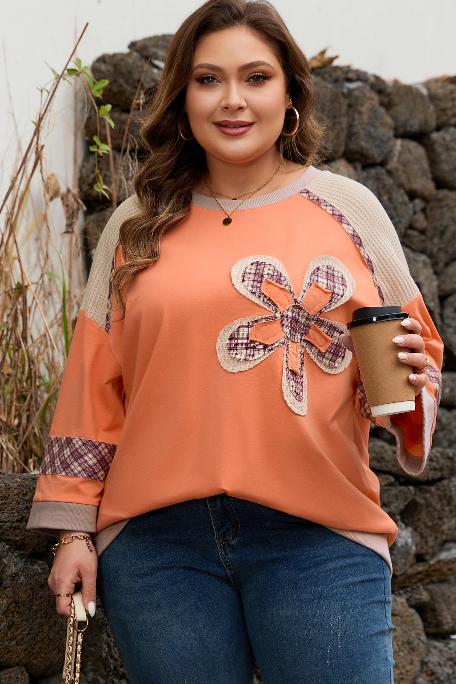 Grapefruit Orange Plaid Flower Waffle Patched Plus Size 3/4 Sleeve Top-Plus Size/Plus Size Tops/Plus Size Long Sleeve Tops-[Adult]-[Female]-2022 Online Blue Zone Planet