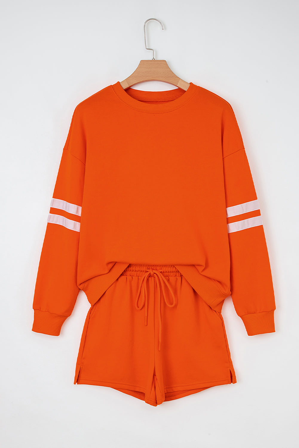 Orange Varsity Striped Sleeve Drop Shoulder Sweatshirt and Short Set-Two Piece Sets/Short Sets-[Adult]-[Female]-2022 Online Blue Zone Planet