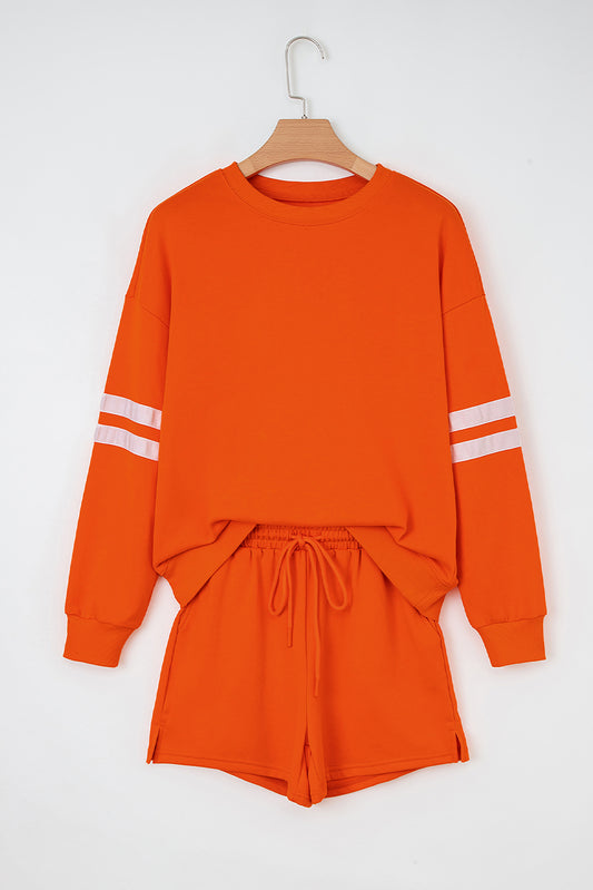 Orange Varsity Striped Sleeve Drop Shoulder Sweatshirt and Short Set-Two Piece Sets/Short Sets-[Adult]-[Female]-2022 Online Blue Zone Planet