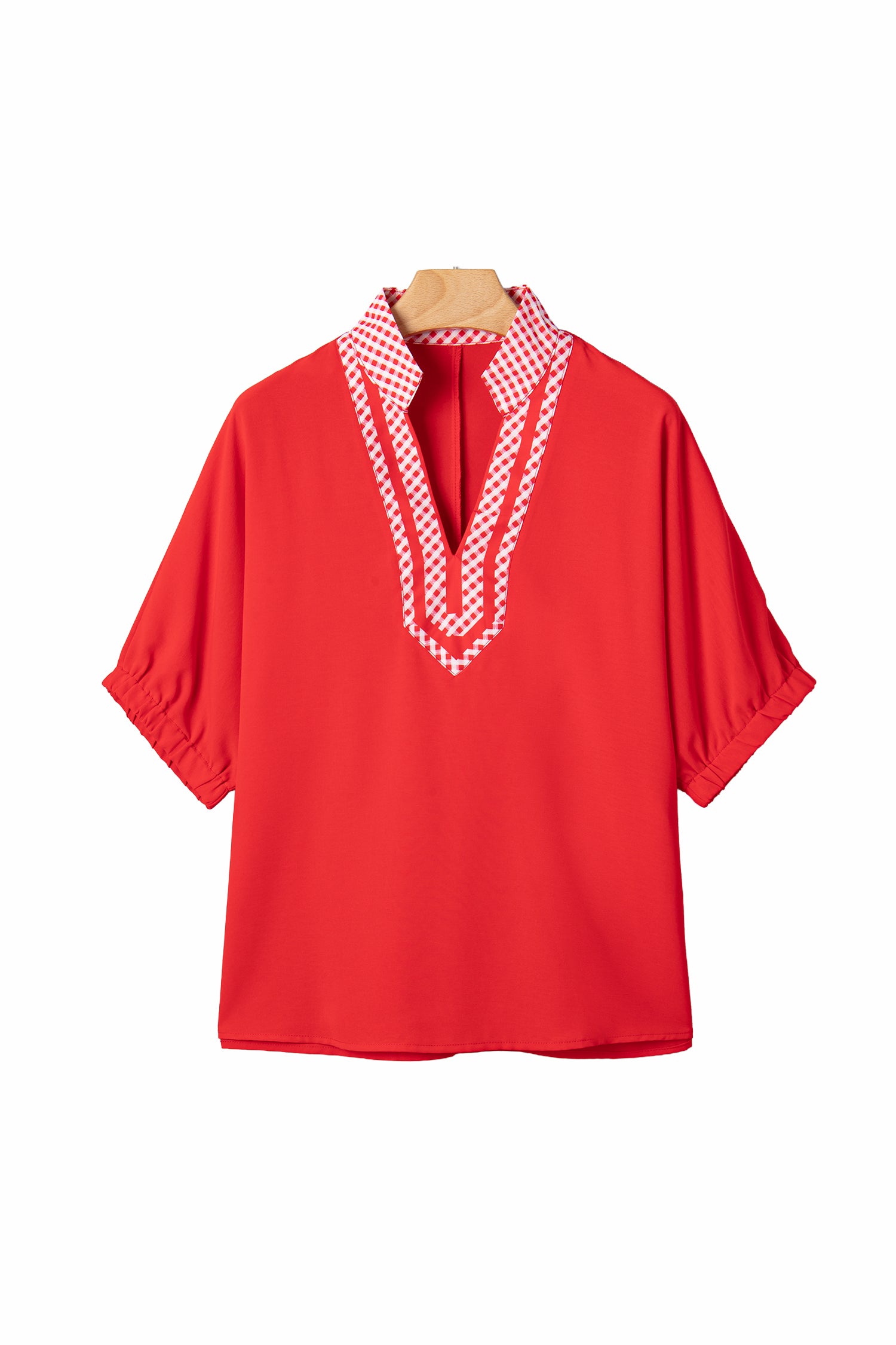 Red V Neck Plaid Collar Short Sleeve Tunic Blouse-Tops/Blouses & Shirts-[Adult]-[Female]-2022 Online Blue Zone Planet