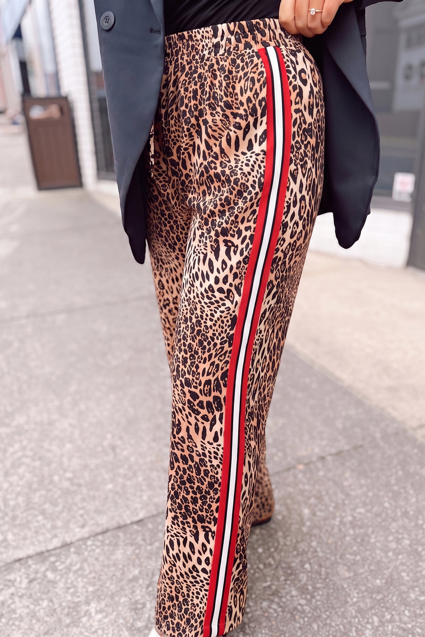 Khaki Leopard Print Colorblock Side Stripes Wide Leg Full Length Plus Size Pants