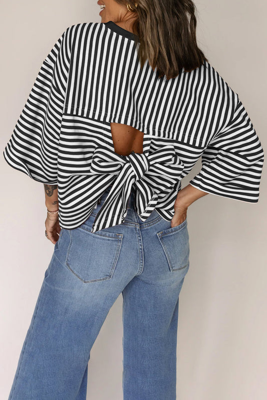Black Stripe Bowknot Cutout Back Drop Shoulder Wide Bracelet Sleeve Loose Tee-Tops/Tops & Tees-[Adult]-[Female]-Black Stripe-S-2022 Online Blue Zone Planet