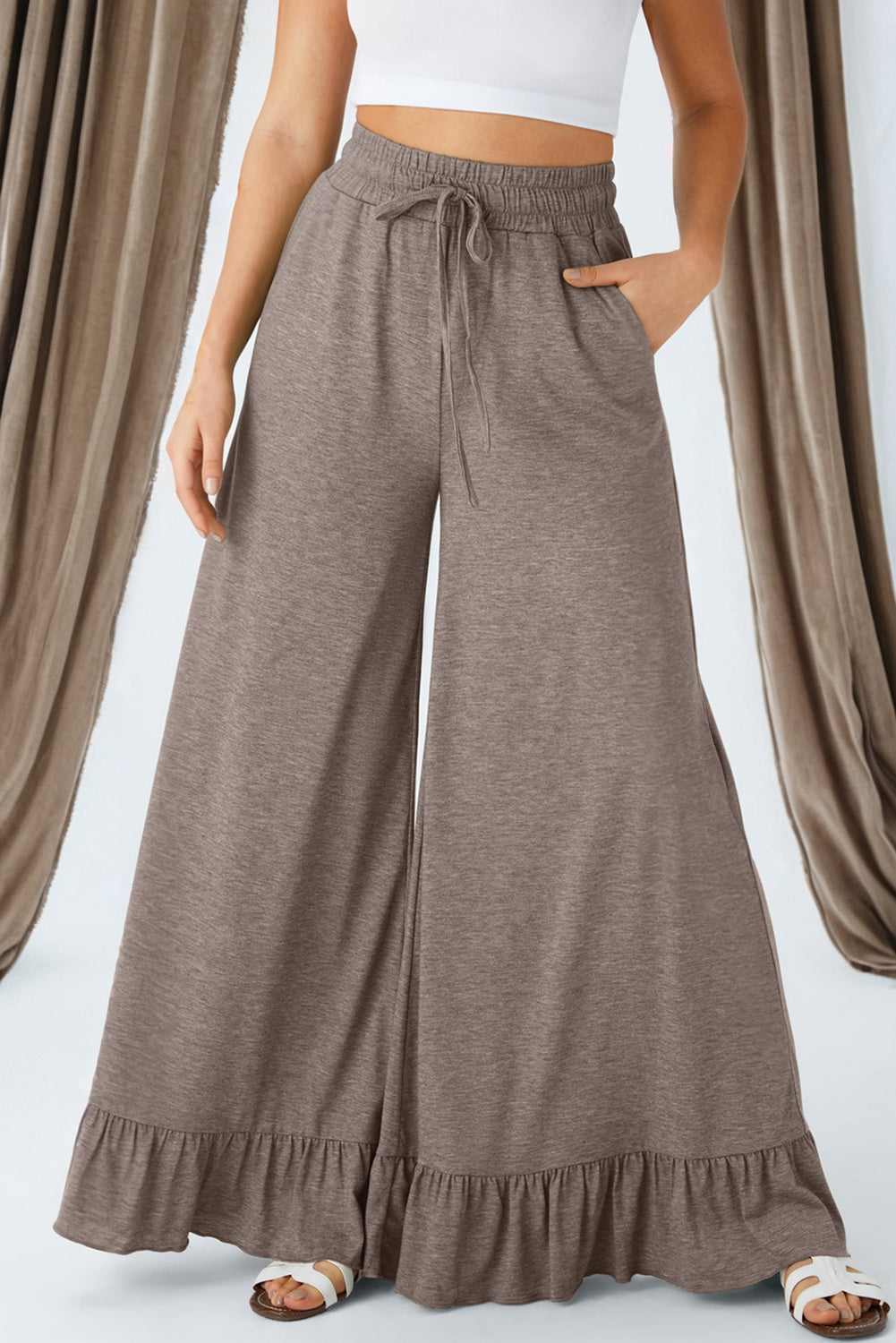DUNE Ruffled Wide Leg Pull On High Waist Pants with Pockets-Bottoms/Pants & Culotte-[Adult]-[Female]-2022 Online Blue Zone Planet