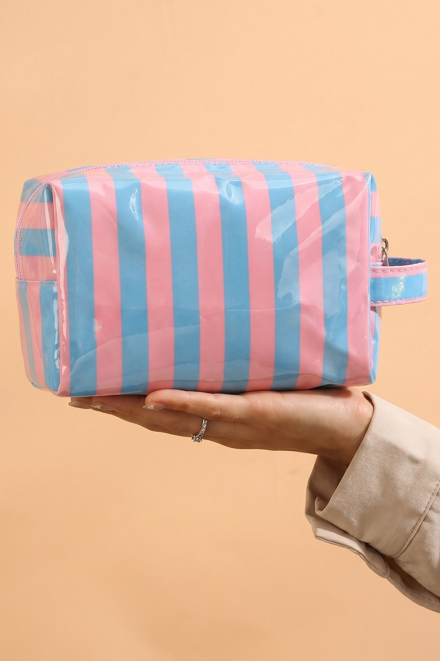 Light Pink PVC Striped Cosmetic Bag Durable Zipper Handle Travel Organizer