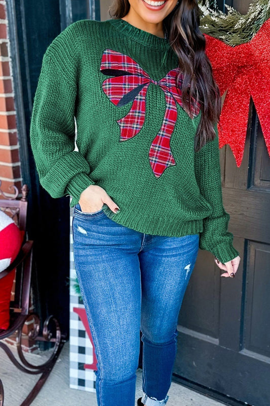 Evergreen Plaid Bow Graphic Christmas Sweater-Sweaters & Cardigans/Sweaters-[Adult]-[Female]-Evergreen-S-2022 Online Blue Zone Planet