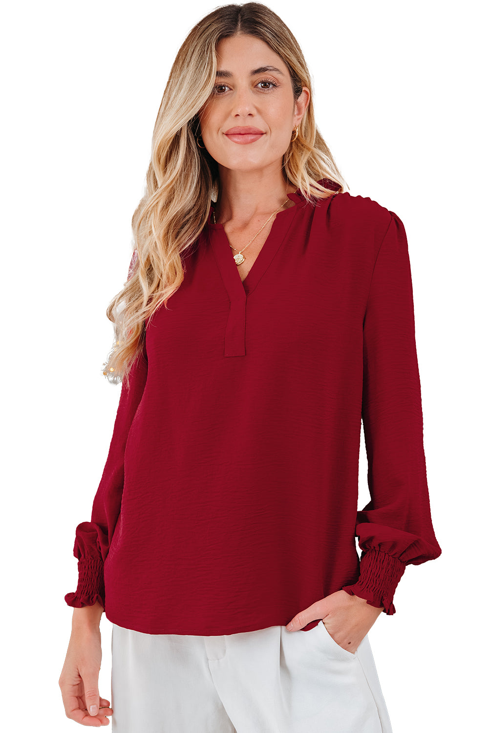 Burgundy Notched Neck Shirred Cuff Long Sleeve Blouse-Tops/Blouses & Shirts-[Adult]-[Female]-2022 Online Blue Zone Planet