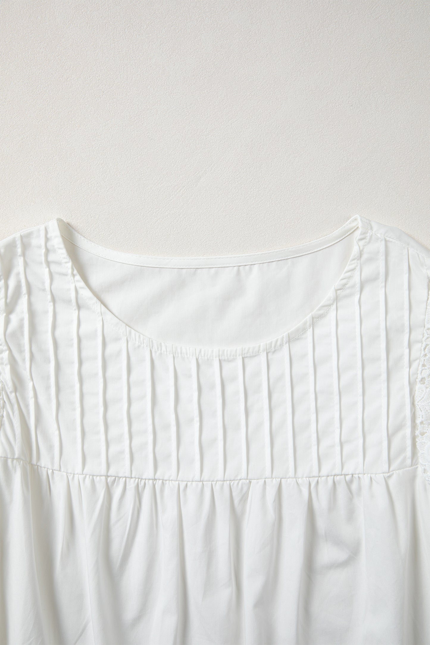 White Lace Detail Flutter Sleeve Pleated Round Neck Blouse-Tops/Blouses & Shirts-[Adult]-[Female]-2022 Online Blue Zone Planet