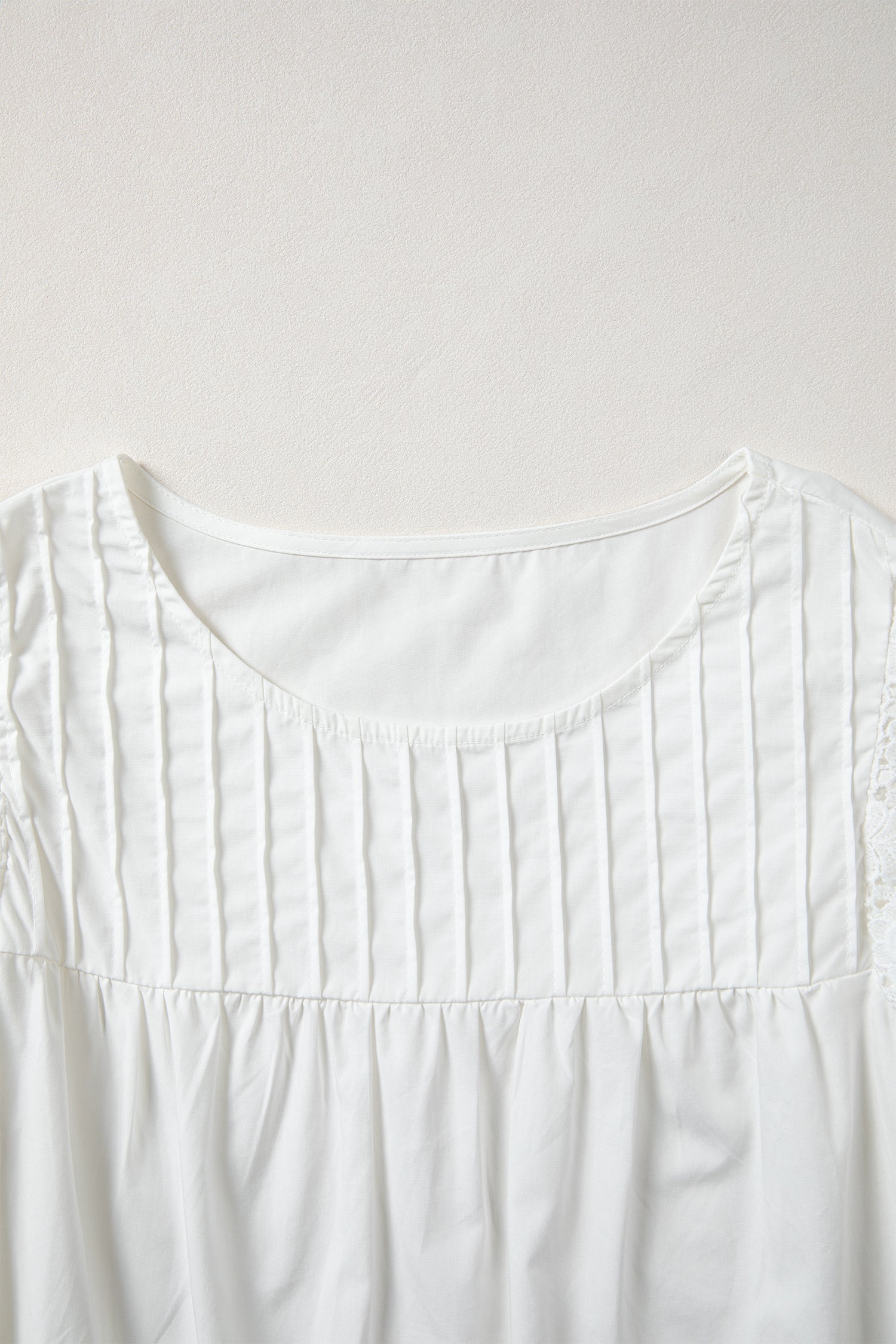 White Lace Detail Flutter Sleeve Pleated Round Neck Blouse-Tops/Blouses & Shirts-[Adult]-[Female]-2022 Online Blue Zone Planet