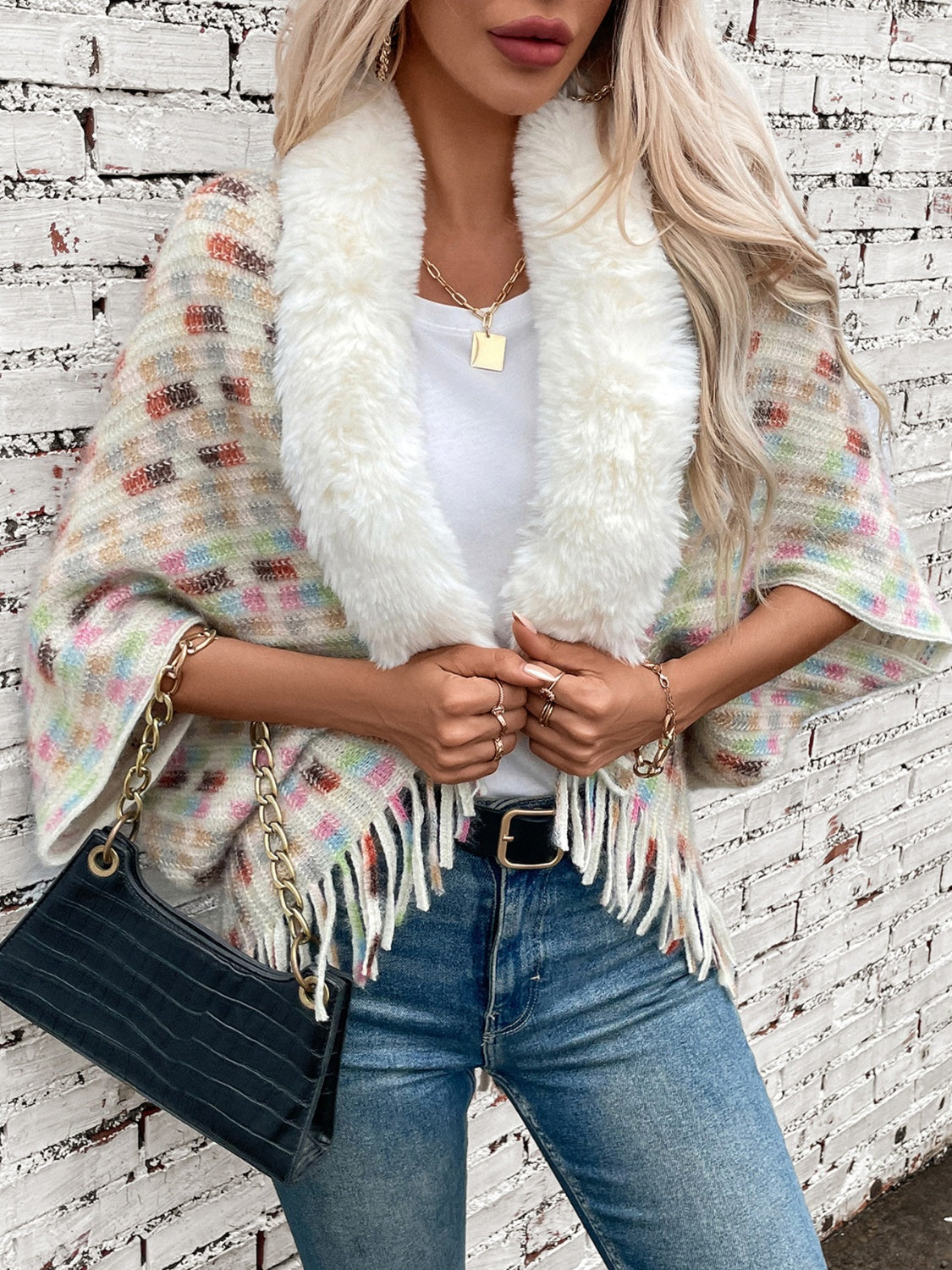 Fringe Fuzzy Open Front Poncho-TOPS / DRESSES-[Adult]-[Female]-Cream-One Size-2022 Online Blue Zone Planet