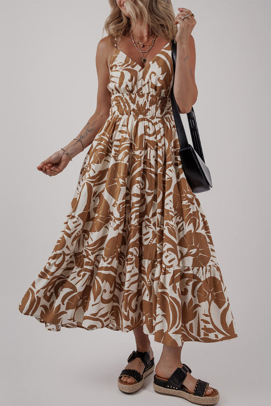 Khaki Floral Shirred High Waist Spaghetti Straps Maxi Dress-TOPS / DRESSES-[Adult]-[Female]-Khaki-S-2022 Online Blue Zone Planet