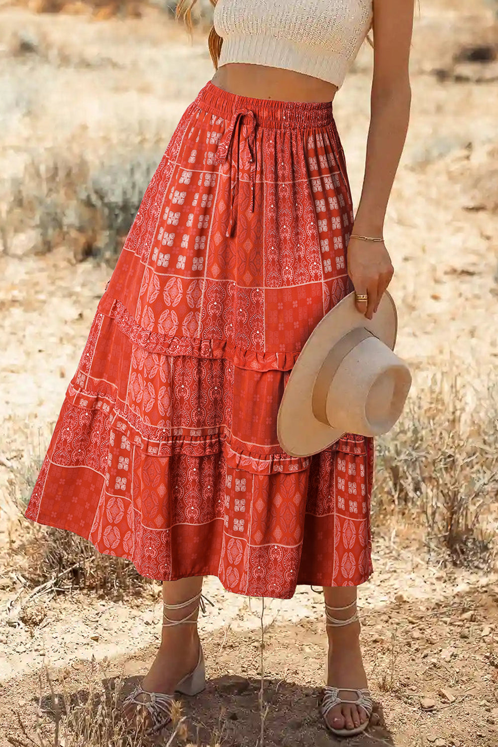 Blue Zone Planet | Fiery Red Bohemian Mix Print Long Flared Skirt-Bottoms/Skirts & Petticoat-[Adult]-[Female]-Red-S-2022 Online Blue Zone Planet