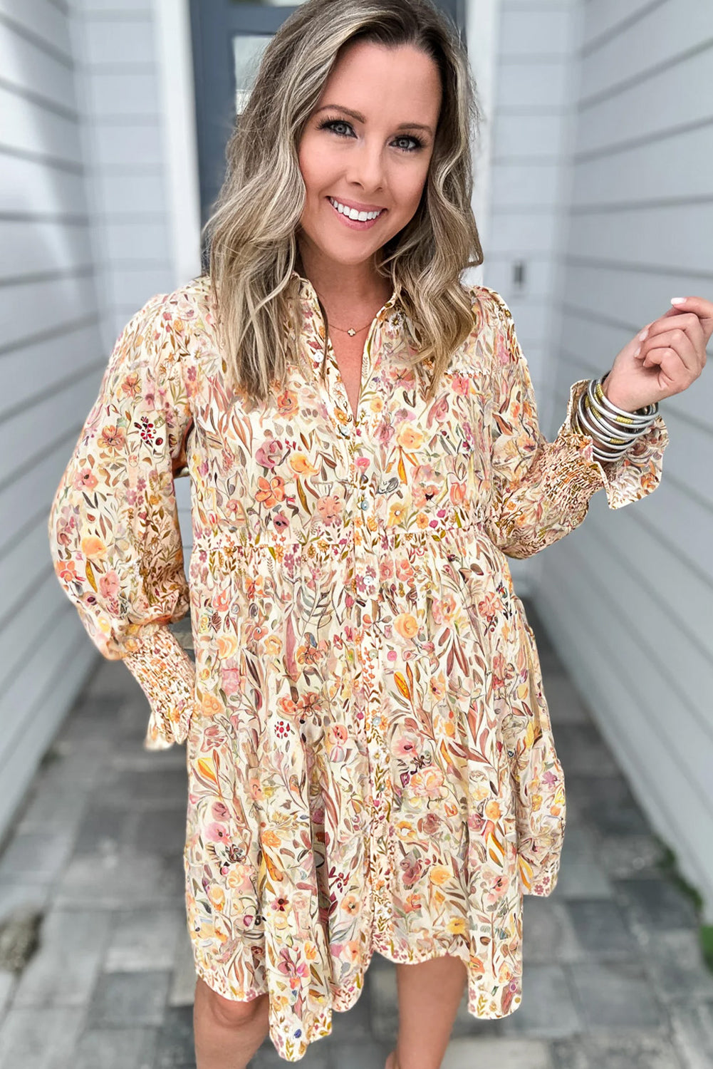 Yellow Floral Print Frilly Trim Smocked Cuff Long Sleeve Loose Shirt Dress-Dresses/Mini Dresses-[Adult]-[Female]-2022 Online Blue Zone Planet